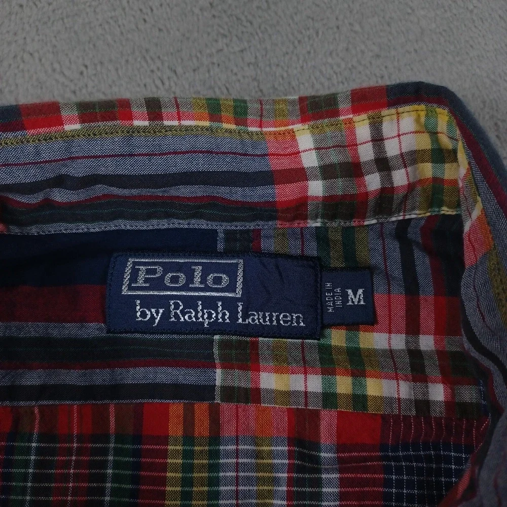 Vintage Polo Ralph Lauren Shirt Mens Medium Red Military‎ Epaulets Plaid 90s